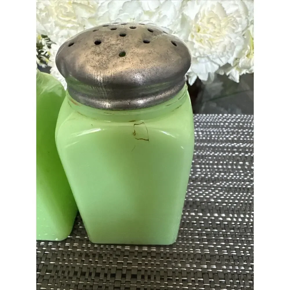 Jadeite Salt and Pepper Shakers Green Art Deco Glass